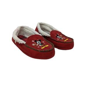 Disney Mickey Mouse Christmas Holiday Slippers Fuzzy Candy Cane Red & White